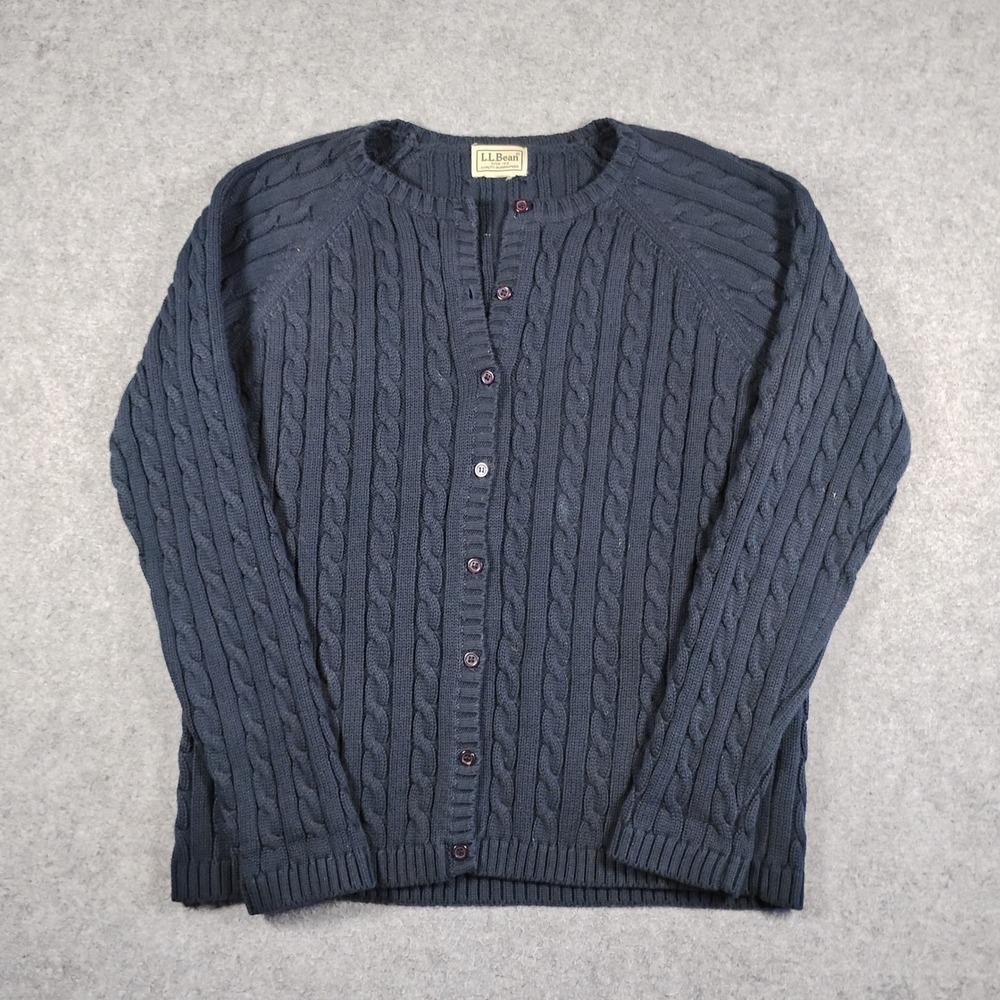 LL Bean Womens Navy Blue Cable Knit Cotton Button Front Cardigan Sweater Raglan